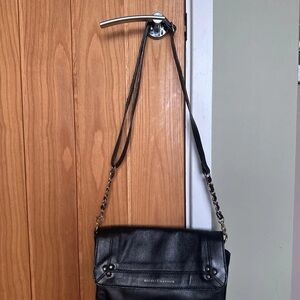 Black Pebbled Leather Shoulder Bag with Chain Strap